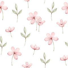 Wandcirkels Aquarel prints patronen Cute pink flowers on a white background. Seamless pattern. Watercolor illustration. Fabric wallpaper print texture. Perfectly for wrapper pattern, frame or border, background, texture.  © BloomPix