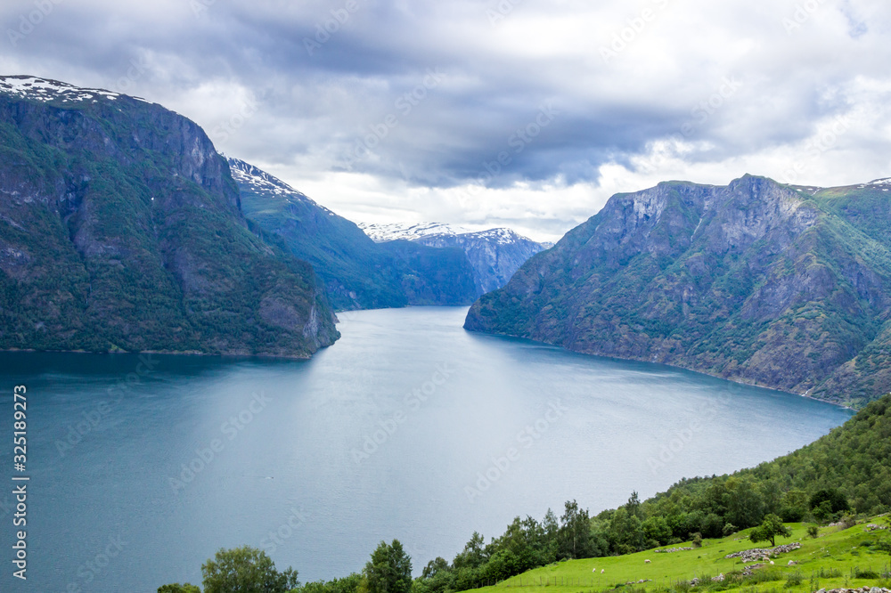 panorama of mountains and Aurlandsfjord from Stegastein viewpoint in Norway