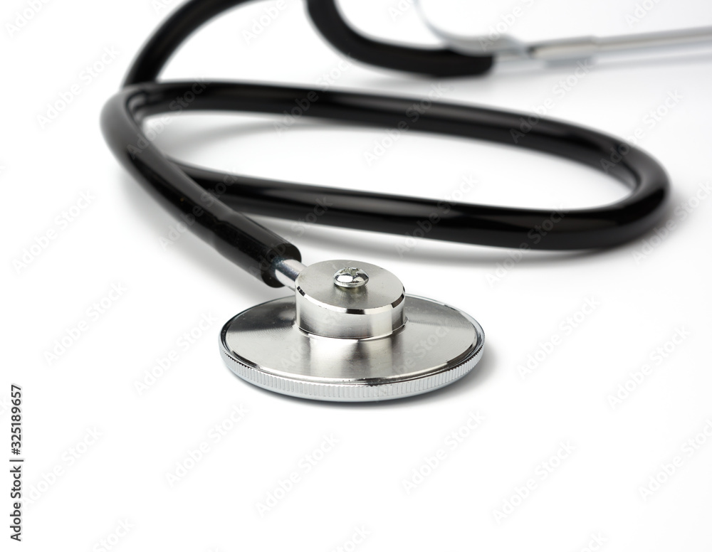 black metal medical stethoscope on a white background black metal medical stethoscope on a white background