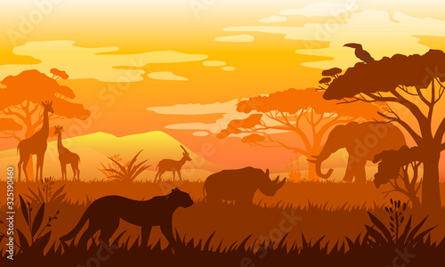 Horizontal African landscape with tropical animals, trees and grass in warm colors. Savannah view with leopard, giraffe, rhino, elephant silhouettes. Exotic safari background for posters, banners