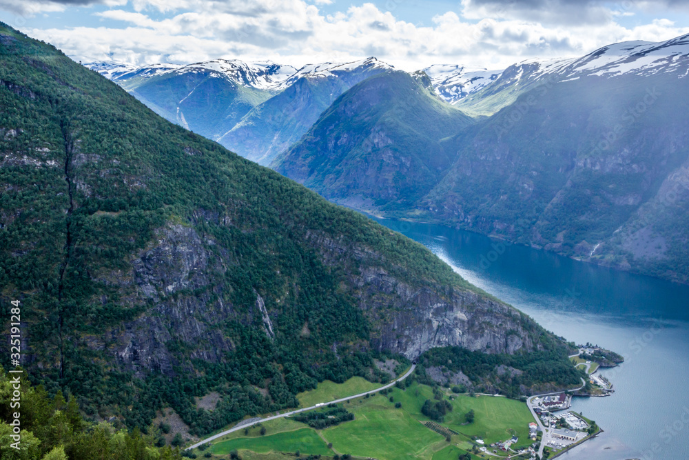 panorama of mountains and Aurlandsfjord from Stegastein viewpoint in Norway