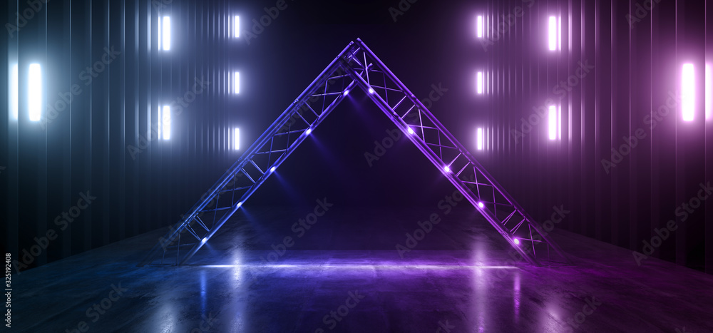 Neon Retro Sci Fi Modern Futuristic Purple Blue Stage Triangle Metal Construction Hallway Podium Catwalk Path Gate Arc Dark Club Dance Underground Garage 3D REndering