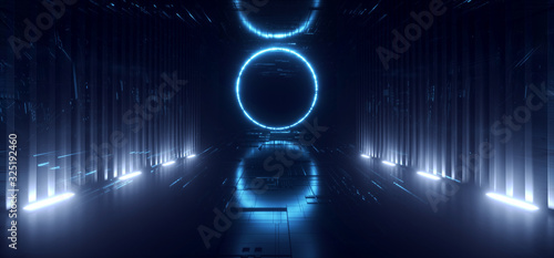 Fototapeta Naklejka Na Ścianę i Meble -  Sci Fi Neon Laser Circle Glowing Sci Fi Futuristic Cyber Blue Vibrant Virtual Spaceship Tunnel Corridor Dark Night Showroom Hallway Garage Underground 3D Rendering
