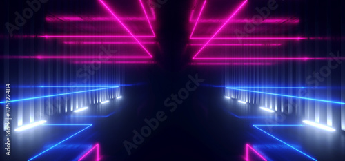 Fototapeta Naklejka Na Ścianę i Meble -  Sci Fi Neon Laser Lines Glowing Sci Fi Futuristic Cyber Purple Blue Vibrant Virtual Spaceship Tunnel Corridor Dark Night Showroom Hallway Garage Underground 3D Rendering