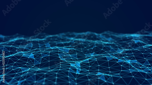 Technology connection background. Big data visualization. Futuristic dynamic wave on blue background. 3D rendering.