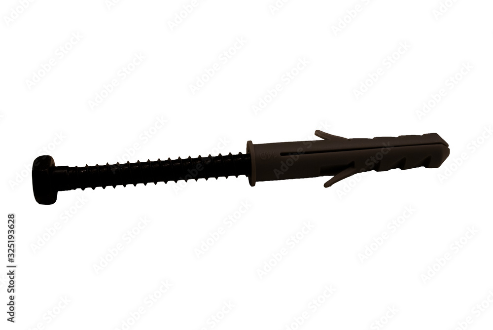 black screw in gray dowel isolated. Steel screw and plastic anchor for fixture in concrete wall. Plastic fixing wall plug black screw in gray dowel isolated. Steel screw and plastic anchor for fixture in concrete wall. Plastic fixing wall plug