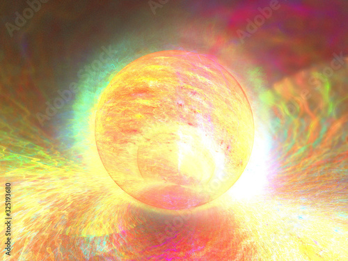 Abstract Spherical Shape 3D Illustration - Colorful gradients of light warped into the shape of a sphere. Brilliant glowing lights, brilliant rainbow gradient. Fire, glowing plasma effect