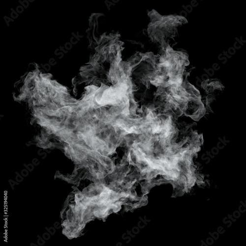 White cloud burst texture isolated on black background. Steam explosion special effect. Realistic thick smoke Puff.