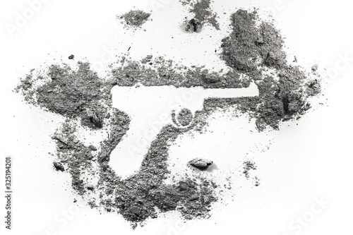 Foto Luger pistol hand gun weapon silhouette drawing in ash, dust, dirt as world war