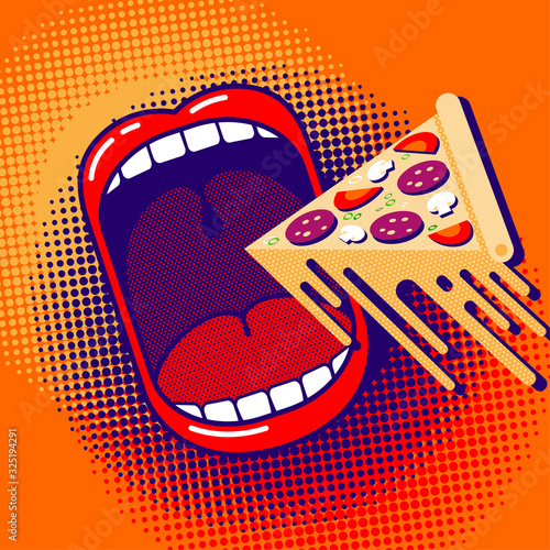 Love to eat pizza! Funny cartoon poster. Large open mouth with piece of pizza with stretchy melted cheese on a bright background