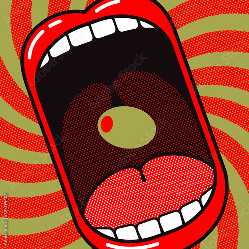Love to eat olives! Funny cartoon poster. Large open mouth with olive on a dynamic background with rotation.