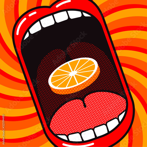 Love to eat orange! Funny cartoon poster. Large open mouth with slice of orange on a dynamic background with rotation.