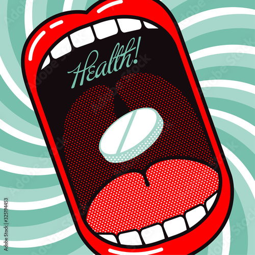 Pill in the mouth. Throat treatment. Large open mouth with big white pill on a dynamic background with rotation. Mint medicine pill. 
