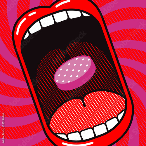 Love to eat sausage! Funny cartoon poster. Large open mouth with slice of sausage on a dynamic background with rotation.