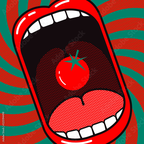 Love to eat tomato! Funny cartoon poster. Large open mouth with tomato cherry on a dynamic background with rotation.