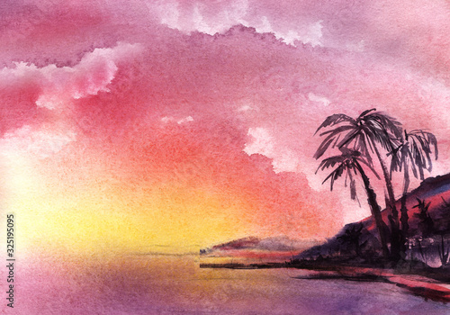 Romantic watercolor summer tropical landscape Gradient background from Violet pink to yellow Vanilla sky clouds. Exotic Islands palm trees on shore. Idyllic sunset or sunrise Hand drawn illustration