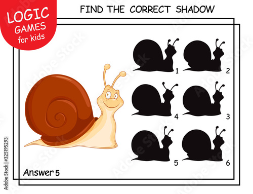 Find the correct shadow. Cute cartoon Snail. Educational matching game for children with cartoon character. Logic Games for Kids. Education card with task for children preschool and kindergarten.