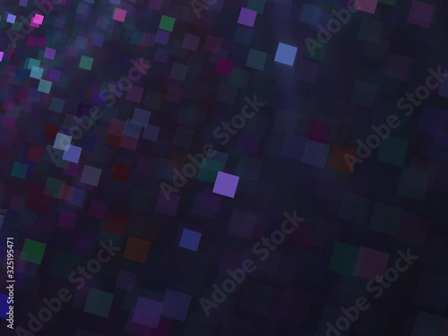 Abstract Digital Illustration - Cloud of Purple Pixels, Soft Random Square Patterns, Artistic modern subtle design. Clusters of square pixels arranged randomly in space, computer digital artwork.