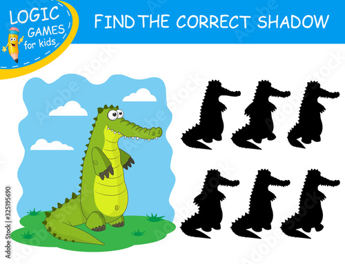 Find the correct shadow the cute cartoon Alligator on colorful background. Educational matching game for children with fun character. Logic Games for Kids. Learning card for child preschool or school.