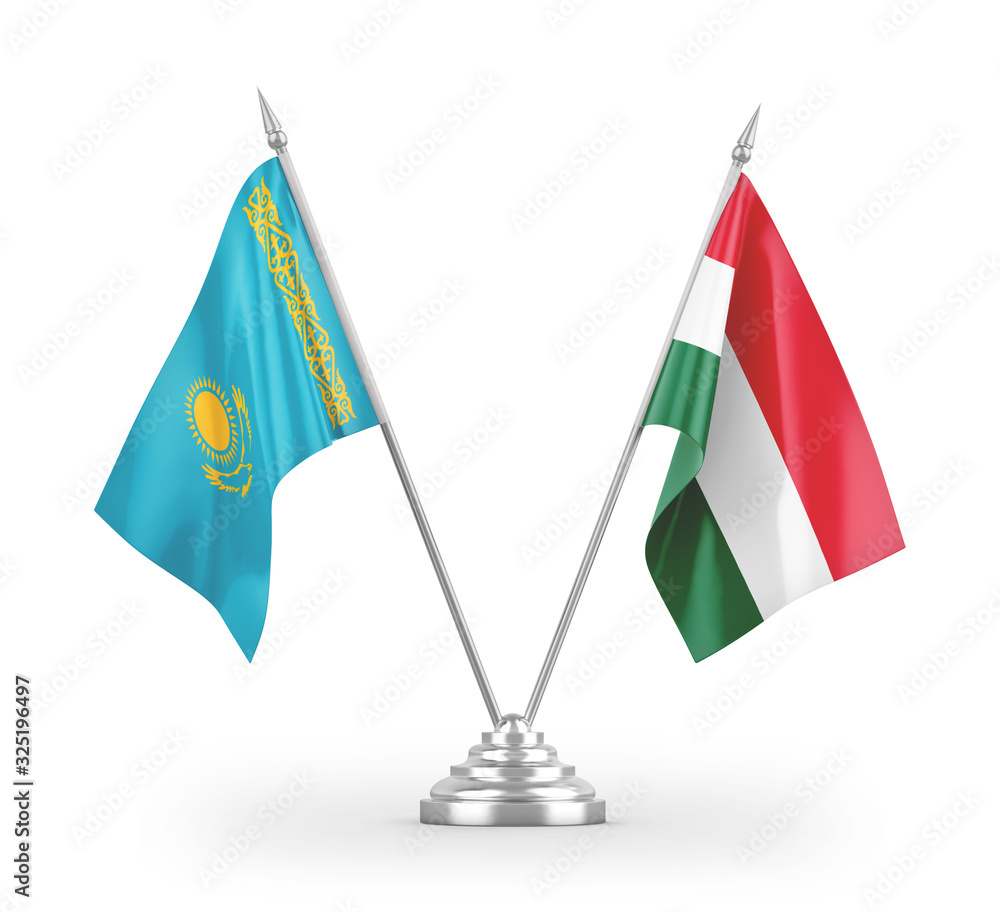 Hungary and Kazakhstan table flags isolated on white 3D rendering Hungary and Kazakhstan table flags isolated on white 3D rendering