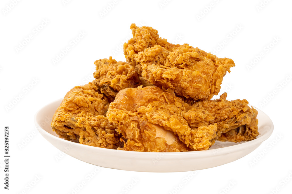 Close Up Fried Chickens on white Plate Isolated on table. Look Yummy and Yellow Gold Color. Close Up Fried Chickens on white Plate Isolated on table. Look Yummy and Yellow Gold Color.