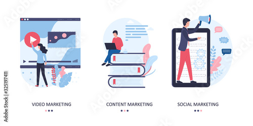 Vector set of marketing concepts. Video, content and social promotion of a website, blog, page on social networks, services and products. Flat illustration on a white background.