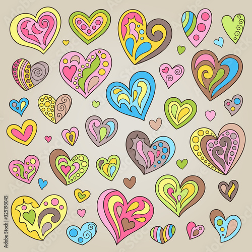 Set of Handdrawn Cute Pink, Green, Yellow, Brown, Blue, Hearts. © Nata_Smilyk ッ