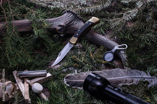 Hunting knife and deer horns. Hunter tools. Coniferous background. photo