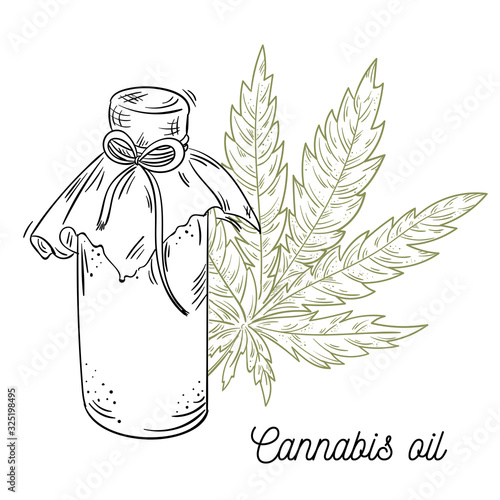 Hand drawn natural vintage sketch for medical design. CBD, cannabis, hemp oil. Vector illustration on white background. Cosmetic and medical plant. Leaf, bottle, oil, medicinal cannabis symbols