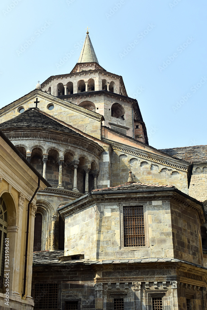 The medieval city of Bergamo, a UNESCO World Heritage Site. In the old town, the Santa Maria Maggiore church. Mostly built in the 13th and 14th centuries. A Romanesque, historical monument.