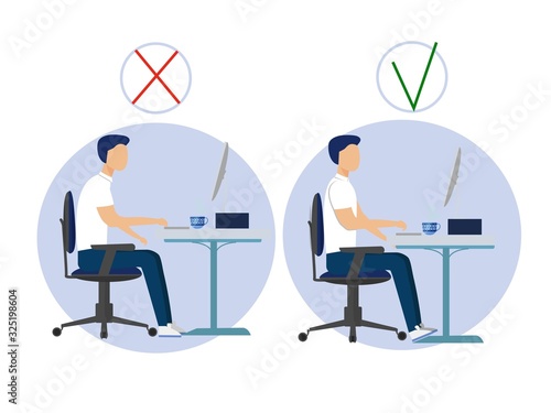 Correct spine sitting posture at computer and incorrect. Medical infographic healthcare. Vector illustration of ofice man character.