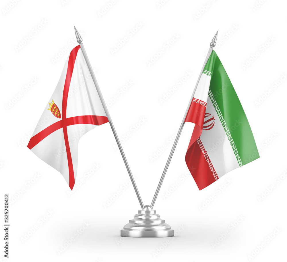 Iran and Jersey table flags isolated on white 3D rendering Iran and Jersey table flags isolated on white 3D rendering