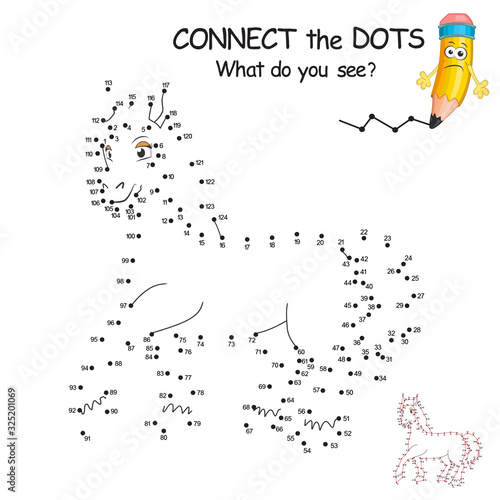 Connect the dots by numbers to draw the animal. Dot to dot Education Game and Coloring Page with cartoon cute Horse character. Logic Games for Kids. Education card for kids learning counting number.