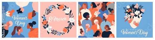 Collection of greeting card or postcard templates with flower bouquet in vase, floral wreath, feminism activists and Happy Women s Day wish. Modern festive vector illustration for 8 March celebration.
