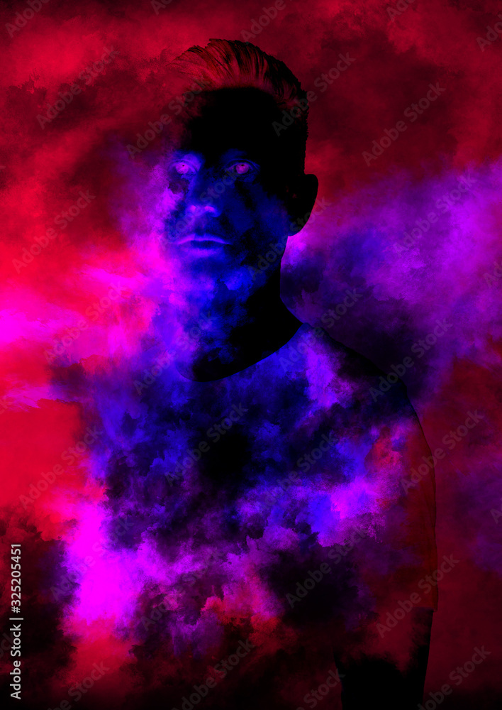 Portrait of man in clouds, male figure double exposure in bright colour Portrait of man in clouds, male figure double exposure in bright colour