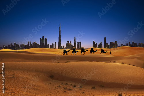 Dubai camel caravan travel with sand dunes and desert sunset