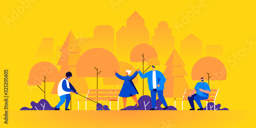 People walking in park. Young couple, man on bench, guy with dog enjoy nature or perform outdoor leisure activities. Male and female cartoon characters stroll along street. Flat vector illustration.