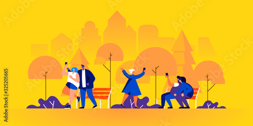 People taking selfies on smartphones in park. Young men and women making self-portraits using mobile phones. Boys and girls photographing themselves on city street. Flat cartoon vector illustration.