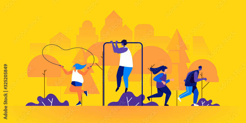 Male and female athletes jogging or running, jumping with rope, performing pull-ups in park. Outdoor sports training, street workout or fitness exercise. Modern flat cartoon vector illustration.