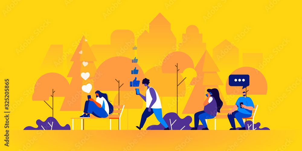 People spending time on social networks using their electronic gadgets or talking on phone in park. Young men and women sending internet messages via smartphones. Flat cartoon vector illustration. People spending time on social networks using their electronic gadgets or talking on phone in park. Young men and women sending internet messages via smartphones. Flat cartoon vector illustration.