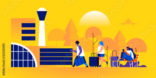 People with suitcases walking towards airport terminal building or sitting outside on bench. Tourists or travelers with baggage waiting for flight departure. Modern flat cartoon vector illustration.