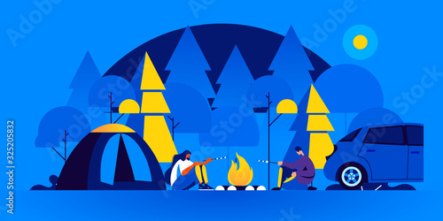 Pair of tourists sitting near bonfire and cooking marshmallow in camping at night. Man and woman at forest campsite or campground with tents and campfire. Modern flat cartoon vector illustration.