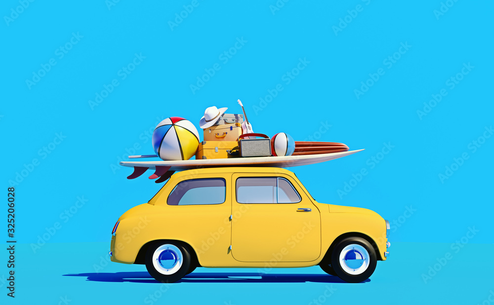 Poster Small retro car with baggage, luggage and beach equipment on the  roof, fully packed, ready for summer vacation, cartoon concept of a road  trip, blue background and bright yellow car -