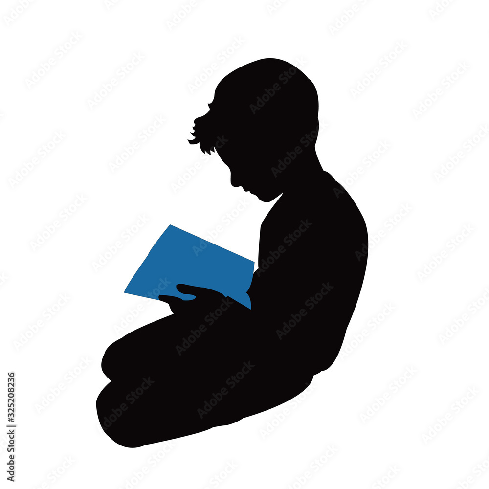 a boy reading book, silhouette vector