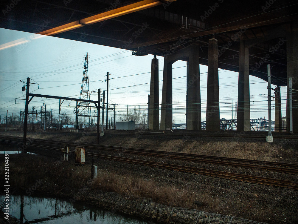 industrial landscape through the train window in New Jersey near New York City