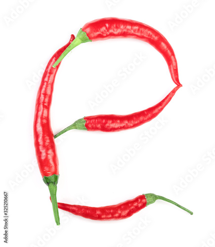 red hot chili peppers isolated on white background. Letter E. Top view. Flat lay pattern