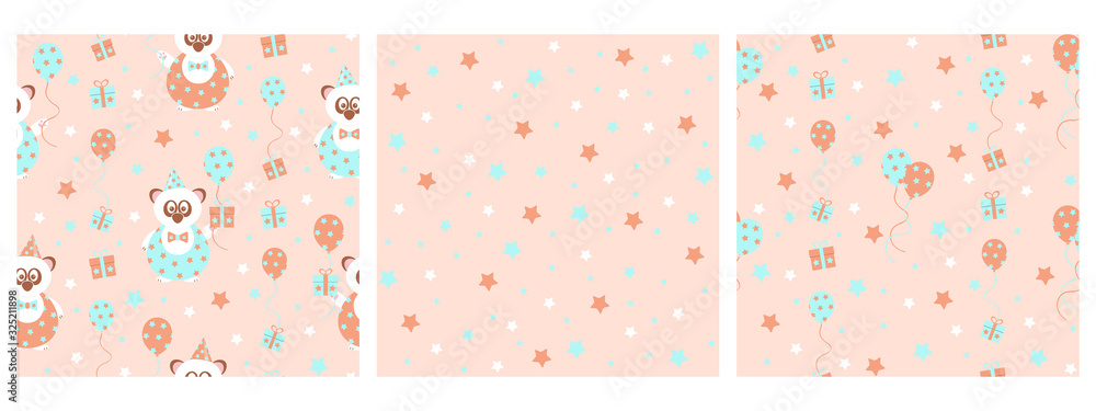 set of 3 seamless vector patterns with cute party panda bear with gifts and balloons, in soft pastel colors, orange and blue