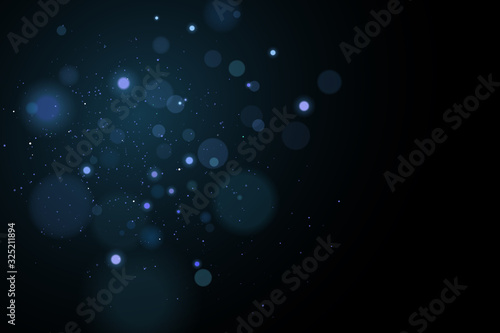 Abstract blue lights bokeh on a black background. Glares with flying glowing particles. Ligh effect. Vector illustration