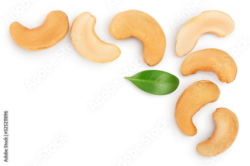 Roasted Cashew nuts isolated on white background with clipping path and full depth of field. Top view with copy space for your text. Flat lay