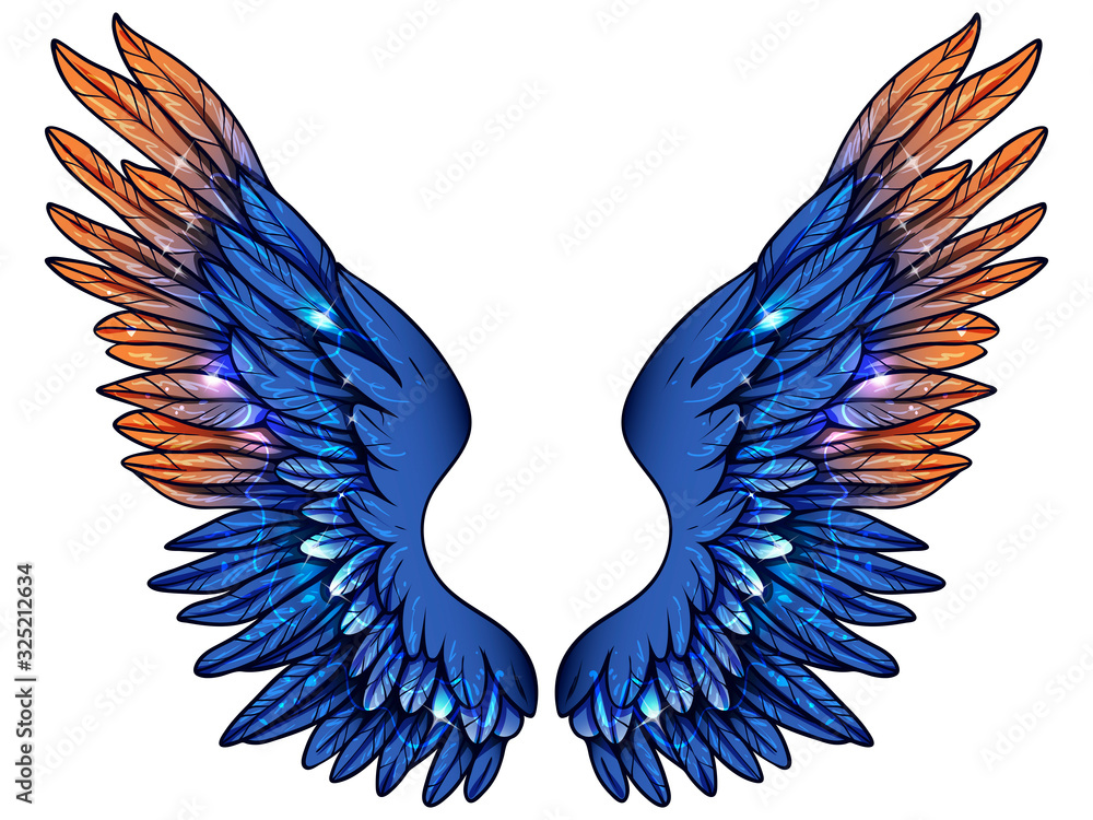 Obraz premium Beautiful magic shiny glittery blue wings with some orange feathers, vector